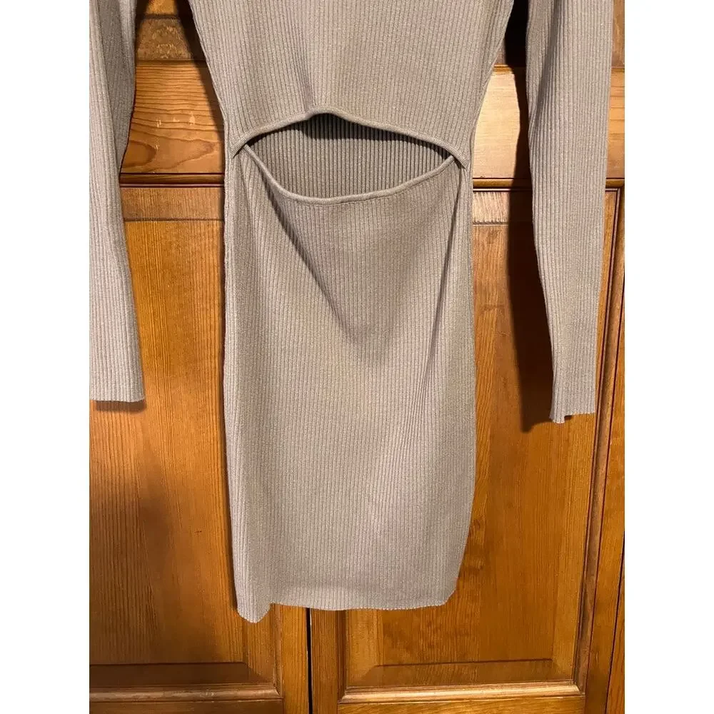 Wilfred Aritzia Women's Cutout Knit Longsleeve Mini Dress Nomad Taupe Size S